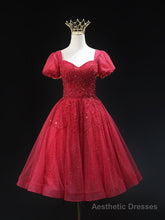 Burgundy Tulle Sequins Short Sleeve Beading Homecoming Dress